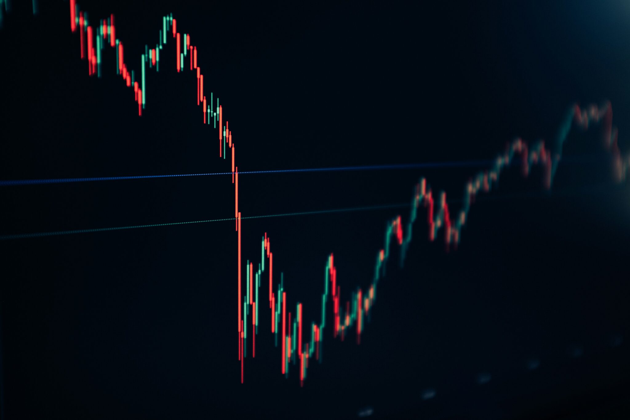 Candlestick stock chart on a dark screen