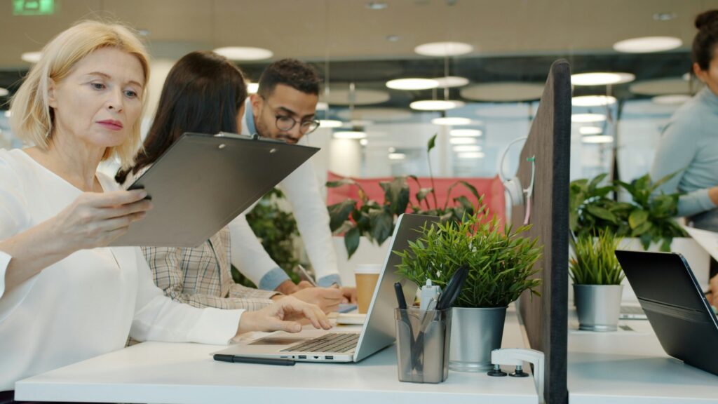 Colleagues collaborating in a modern office