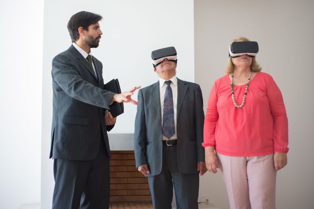 Shoppers wearing VR headsets