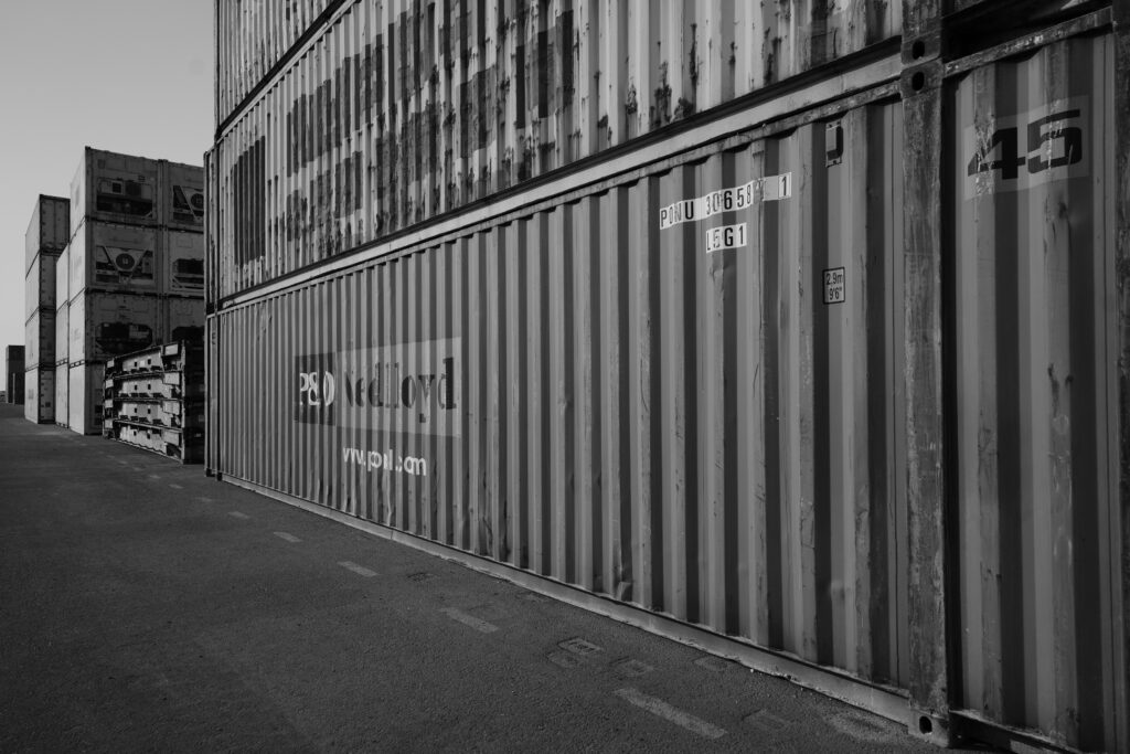 Shipping containers stacked at a port