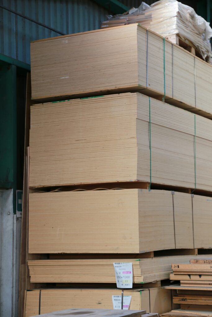 Stack of wooden boards in a warehouse