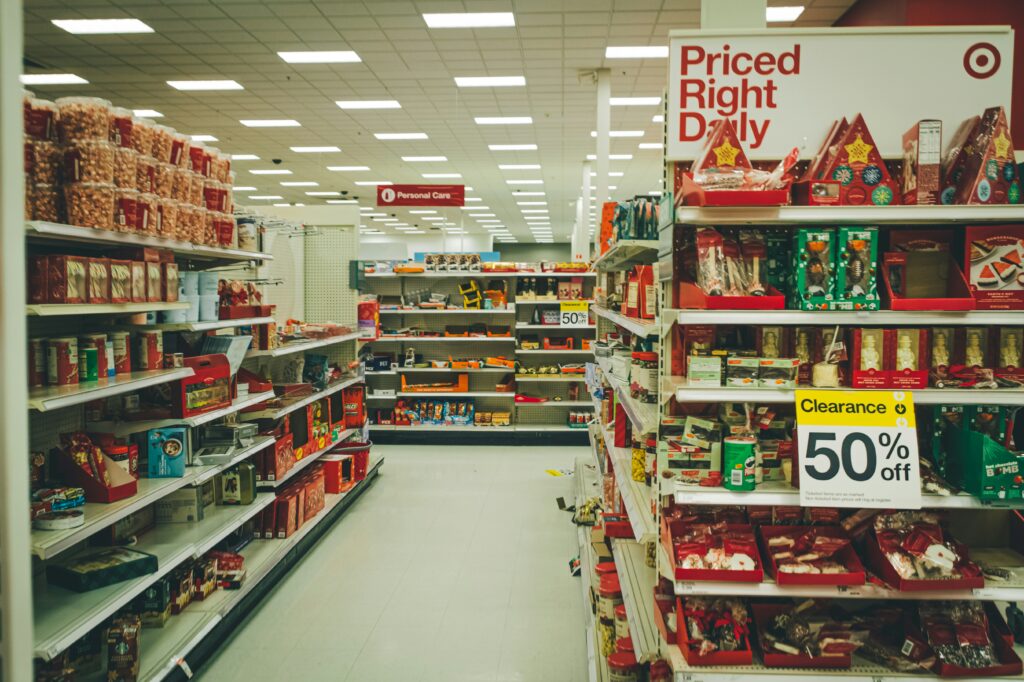 Grocery store aisle stocked with food